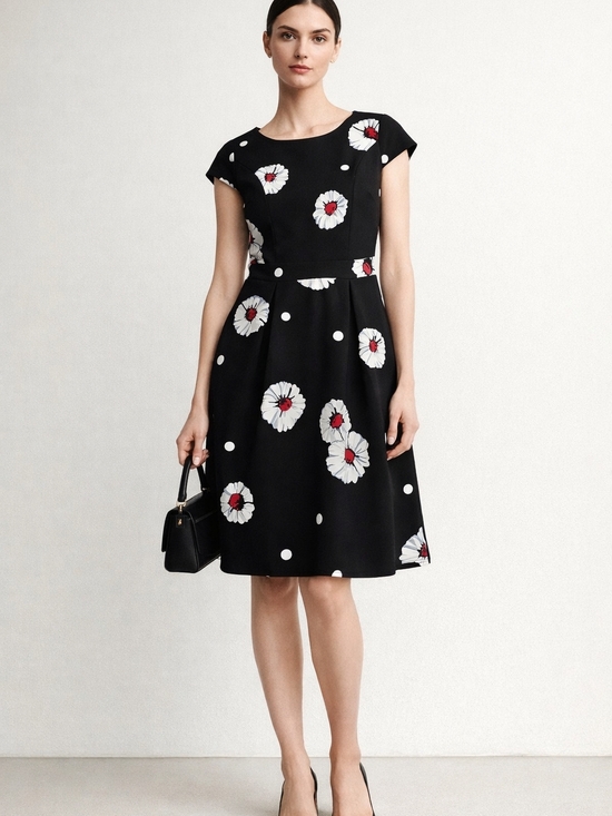 Source Unknown Dresses & Skirts - Black Floral A-Line Dress Size M Back Daisy Print  Fit & Flare Minimalist Retro
